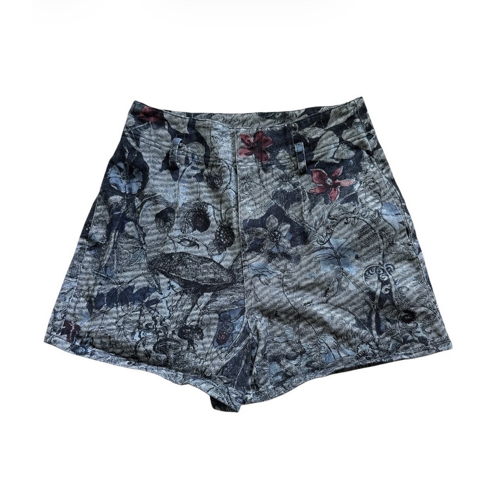 Floral Garden Print Denim Shorts Womens 6 Blue High Rise 3" Inseam
